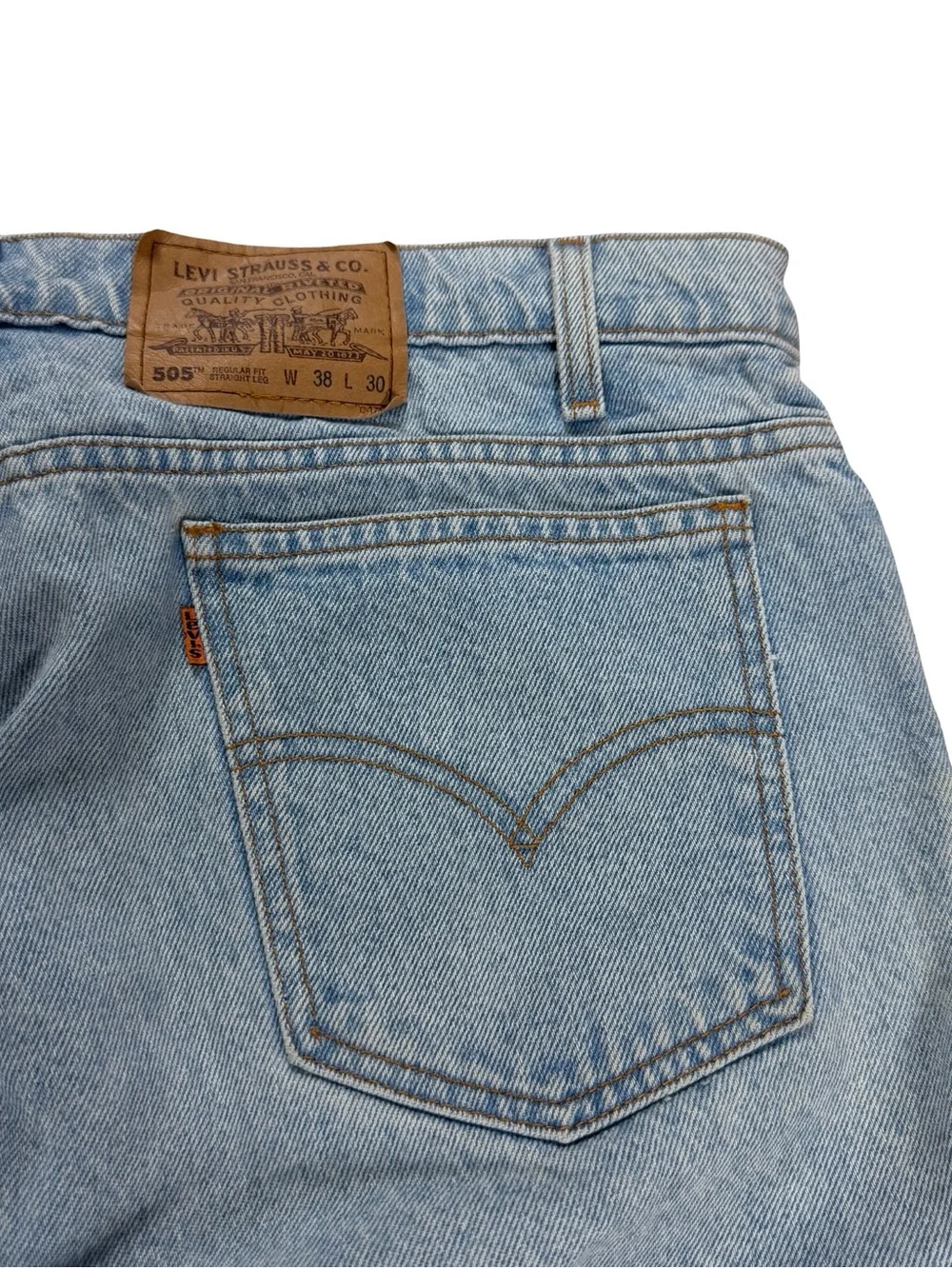 Vintage 90s Levis 505 Light Wash Orange Tab Blue Denim Jean Shorts Size 38